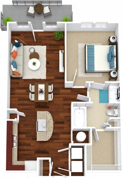 Floor plan for 1 bed, 1 bath, 771 sqft
